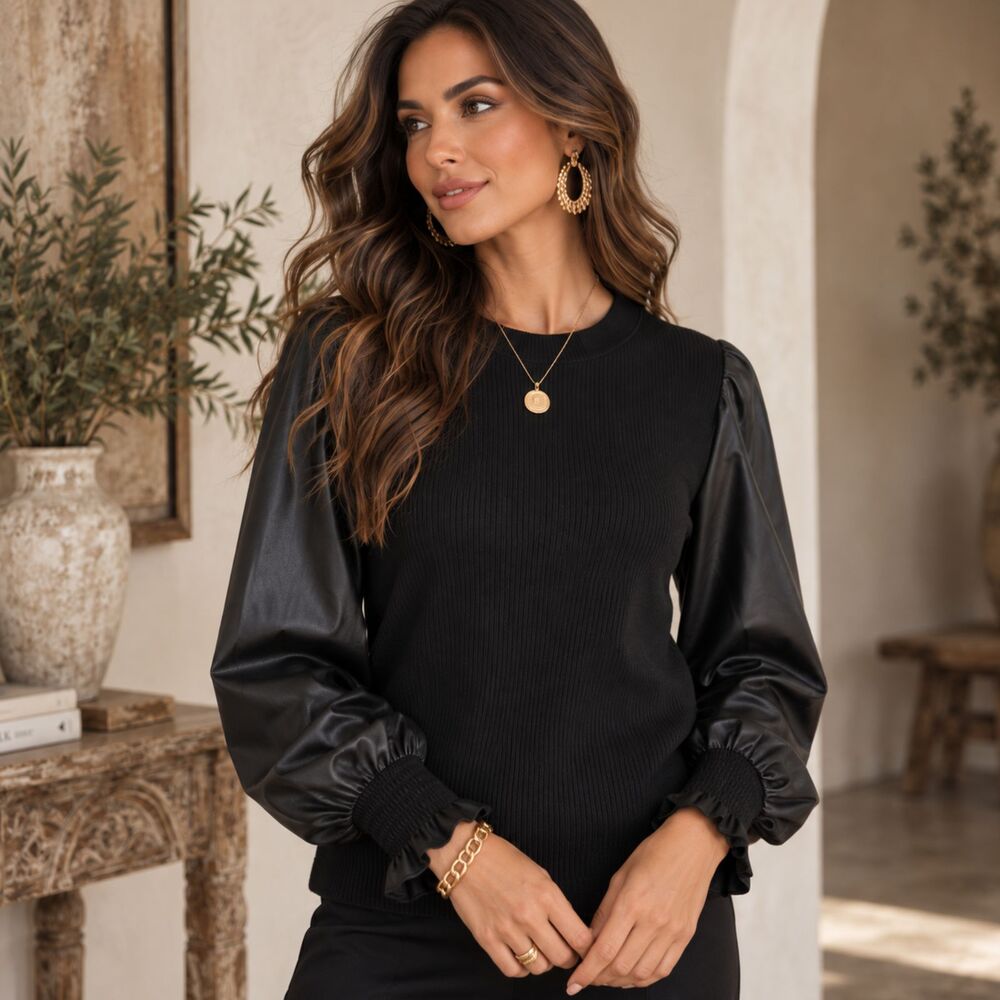 Anthropologie DOLAN Knit Faux Leather Balloon Sleeve Top, Size XL